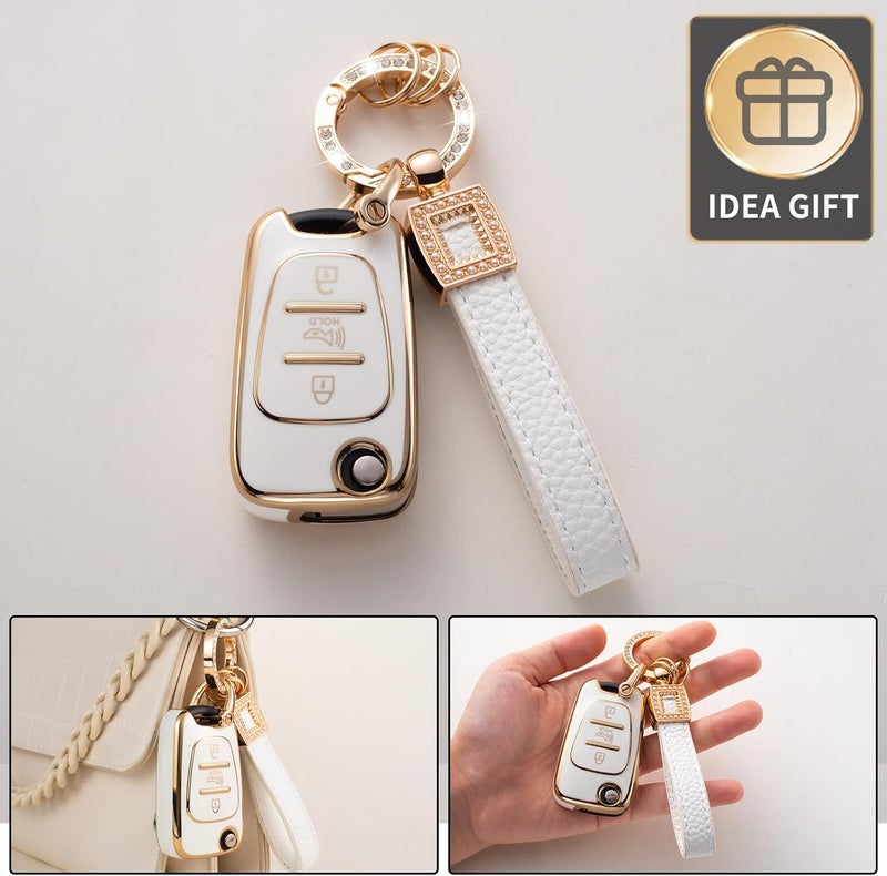 CACARLIKE for Kia/Hyundai Key Fob Cover with Leather Lanyard, Car Key Fob Case Compatible with 2010-2013 Soul 2012-2014 Rio Sportage Smart Key Protector Holder - Image 3